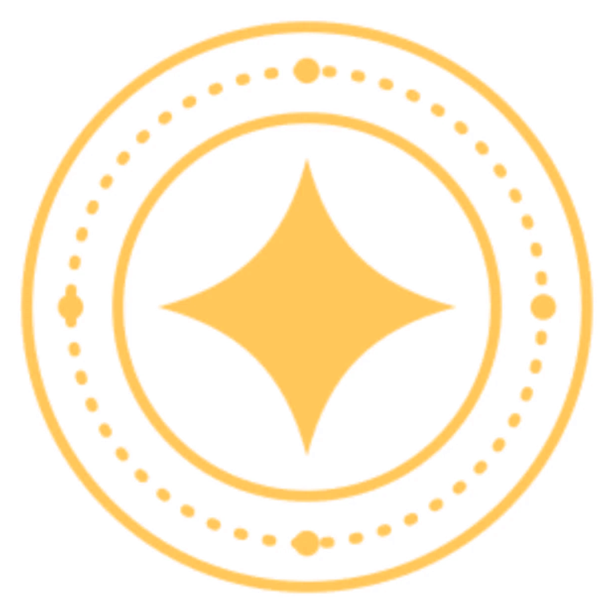 A gold emblem: a four-pointed star within rings of dots and circles